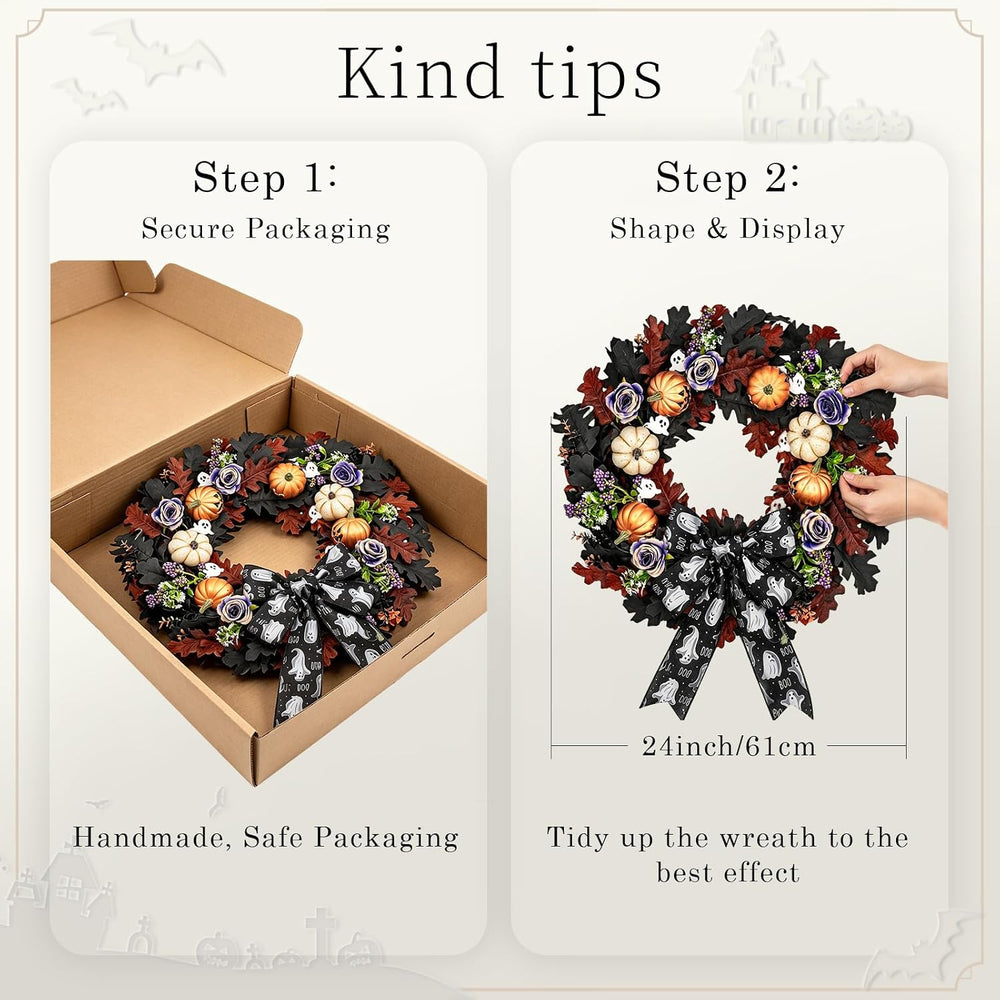 22'' Halloween Wreath for Front Door with Orange, Purple Light