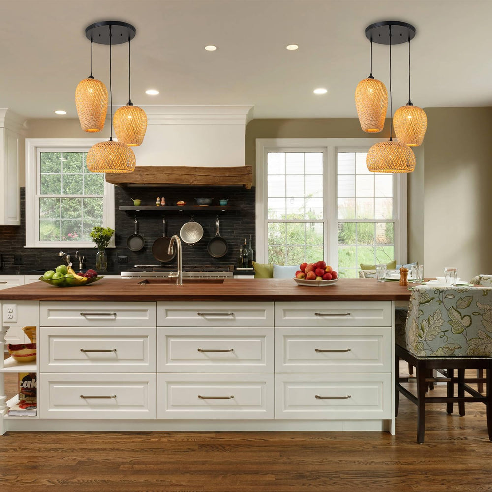 Rattan Pendant Light Bamboo Hanging Light 3-Lights Boho Pendant Light Fixture...