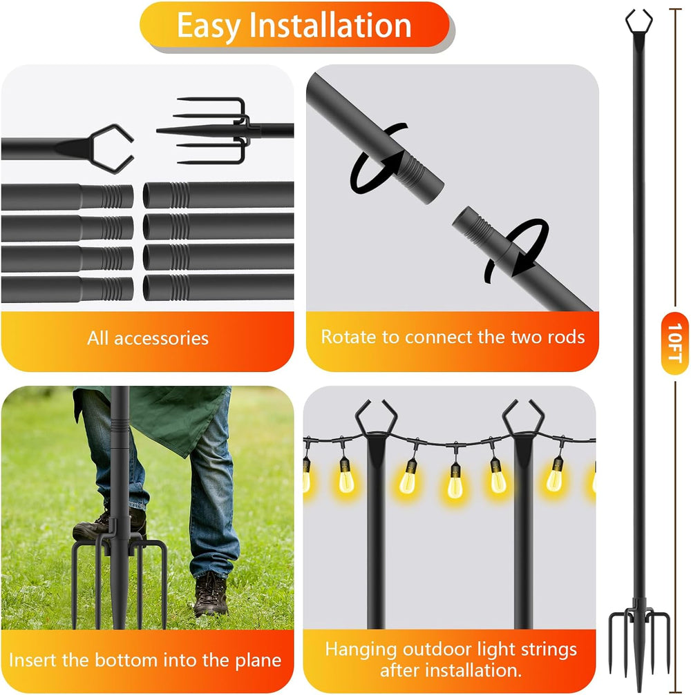 LETIANPAI 8 Pack String Light Poles,10 FT Metal Poles with Fork for Outdoor S...