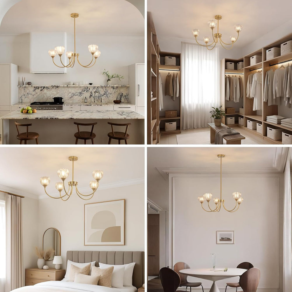 Shenmoyl 30.31" Brass Gold 5-Light Chandelier, 5-Arm Clear Tulip Glass P...