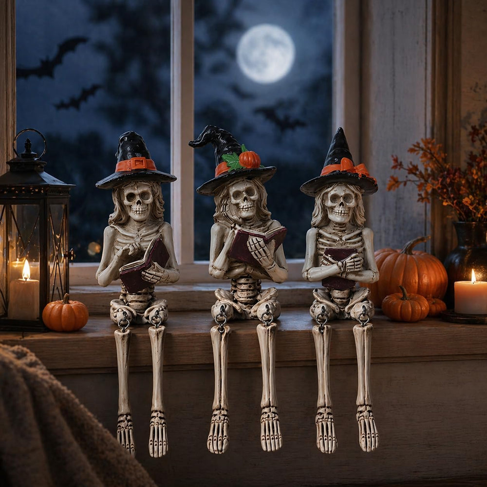 Dlfghos 3 Pieces Halloween Skeleton Statue Halloween Skull Figurine Home Deco...