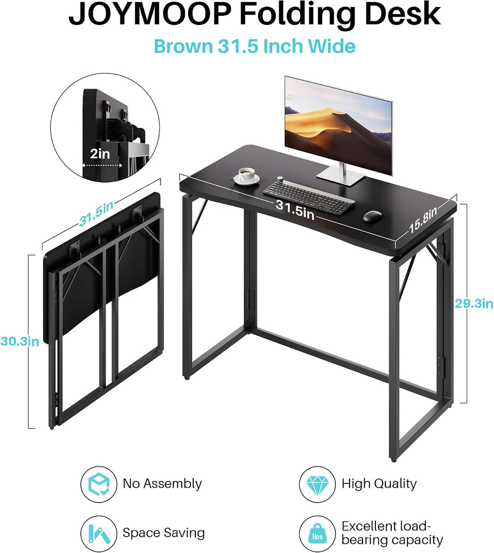JOYMOOP 31.5" Black Folding Desk, No Assembly, Wooden Top, Small Size