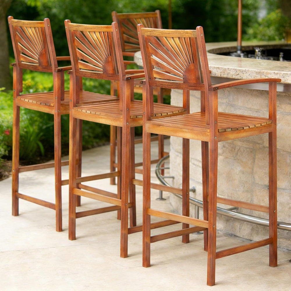 COSTWAY 29'' Outdoor Acacia Wood Bar Chairs Set of 4 with Back and Ar...