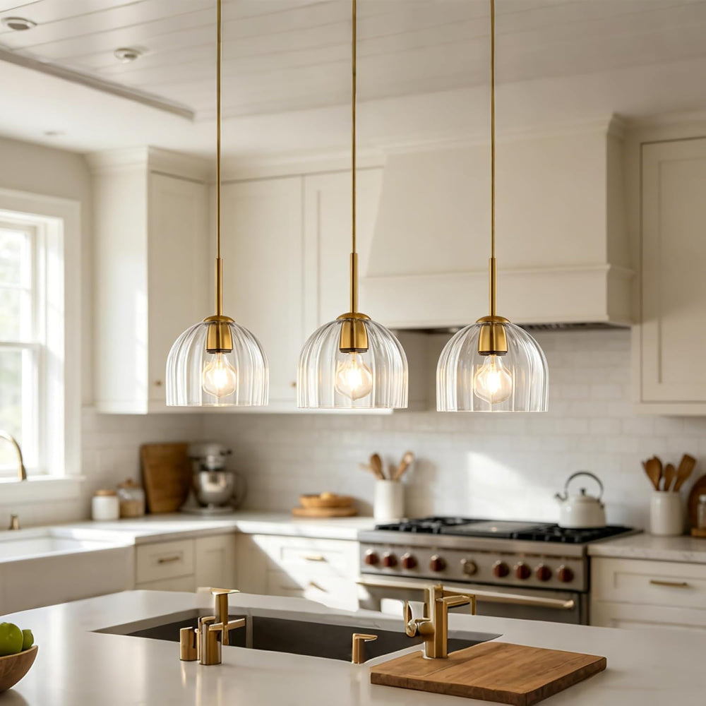 Clear Ribbed Glass Pendant Light Kitchen Island 7.8Inch Brass Hanging Lamp