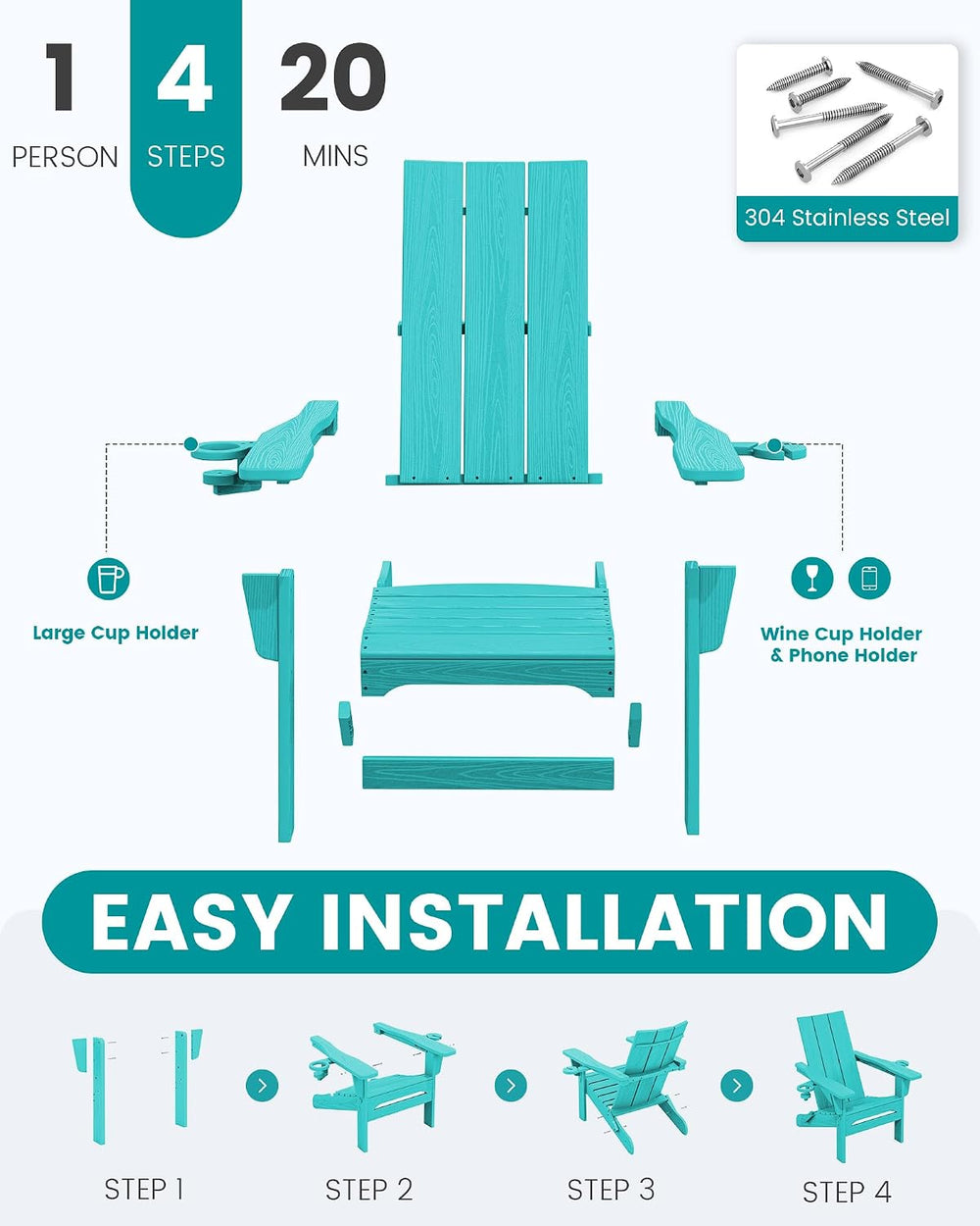 SERWALL HDPE Modern Folding Adirondack Chair with Dual Cup Holder, Teal