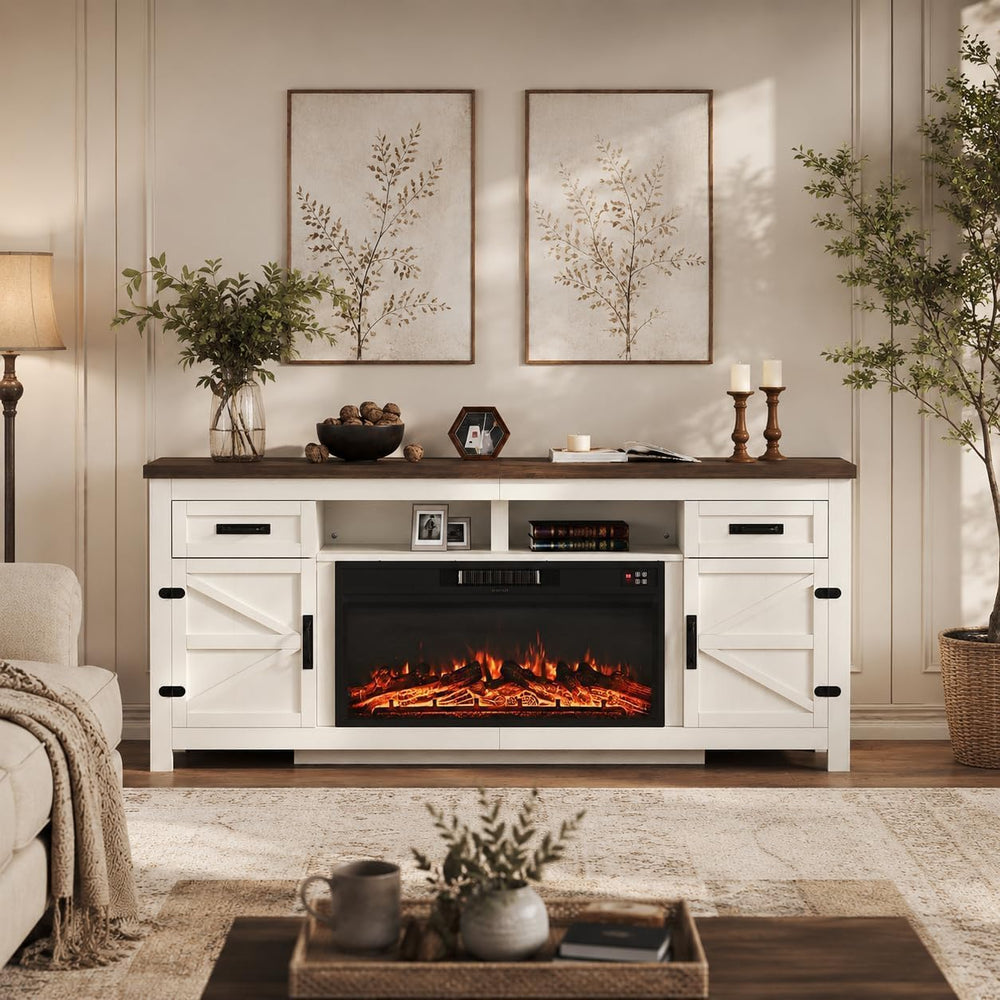 Fireplace TV Stand with Barn Door, 80 inch,Modern White