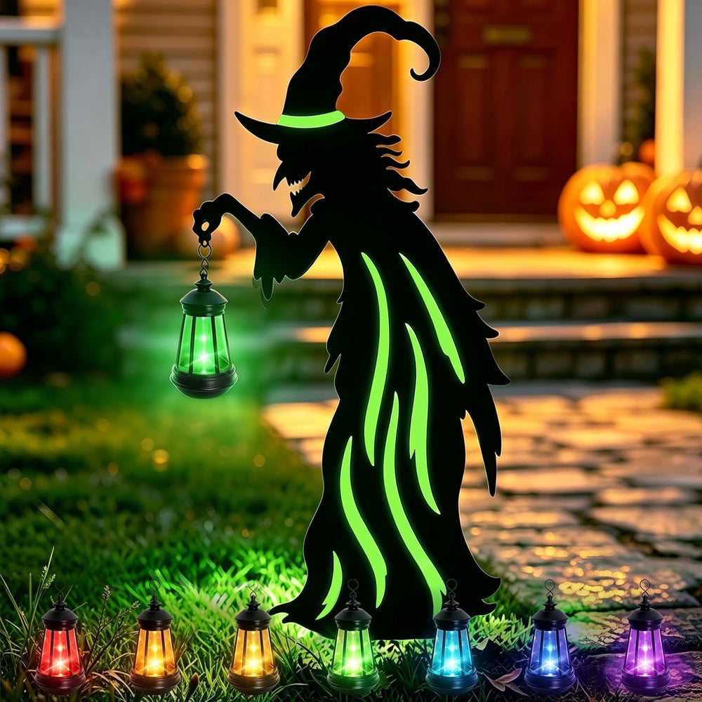 Halloween Decorations Outdoor,Metal Yard Witch Stake with Solar Lantern
