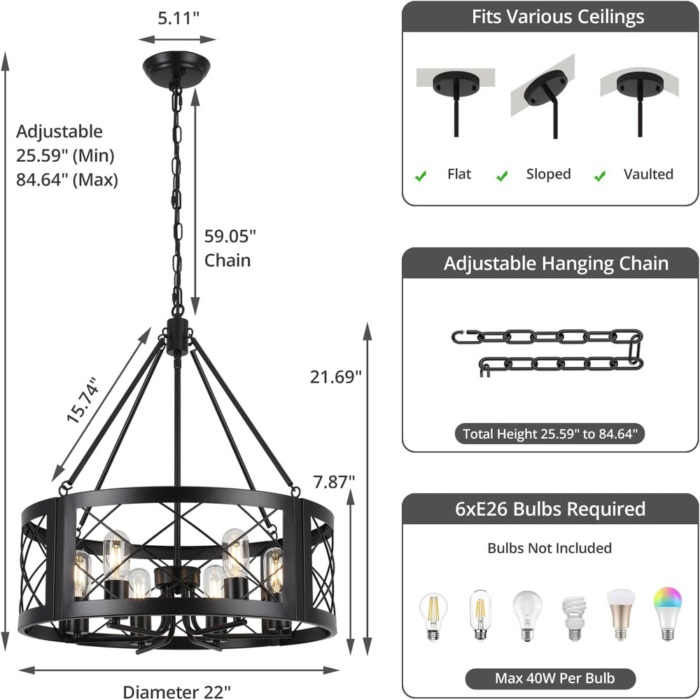 Black Farmhouse Chandelier for Dining Room, 22" Rustic Matte Black Drum ...