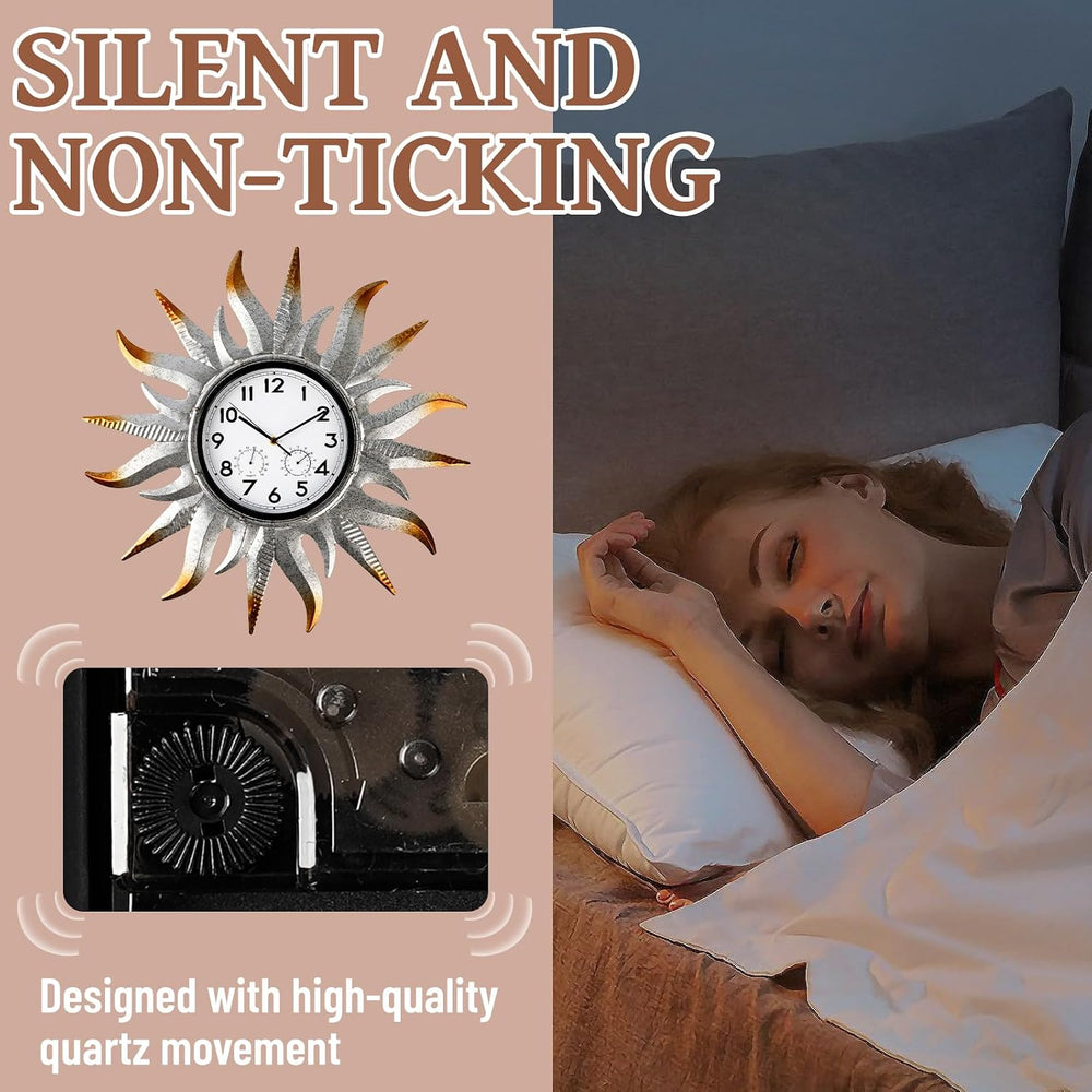 25-Inch Sun-Shaped Outdoor Clock and Thermometer Set, 10-Inch Dial, Battery P...