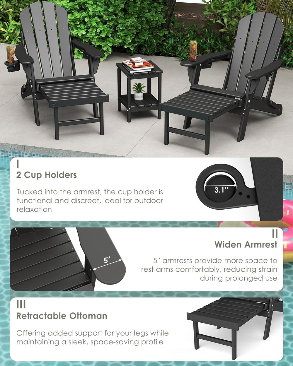 GREENVINES Adjustable Adirondack-Chairs-with-Ottoman Set of 2, HDPE, Black