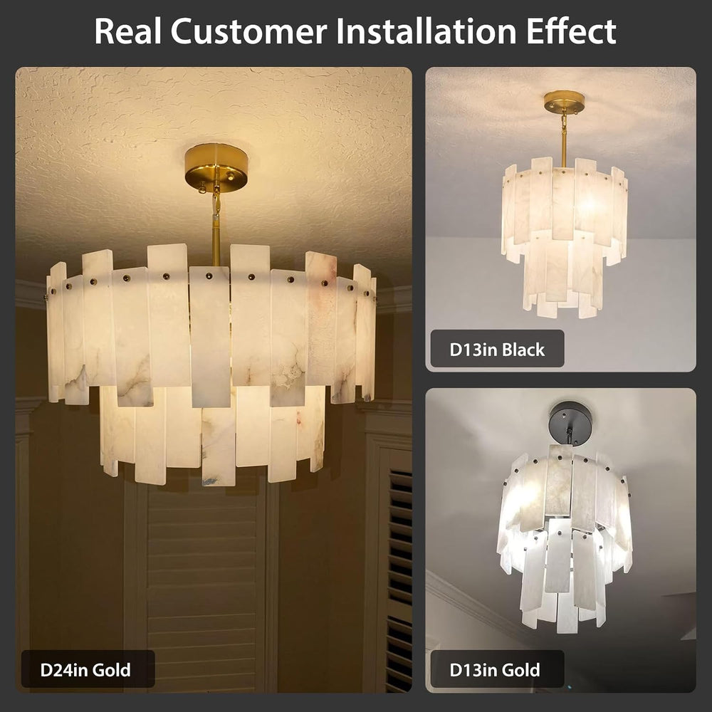 24" Alabaster Chandelier for Living Room, 2-Tier Round Brass Chandelier