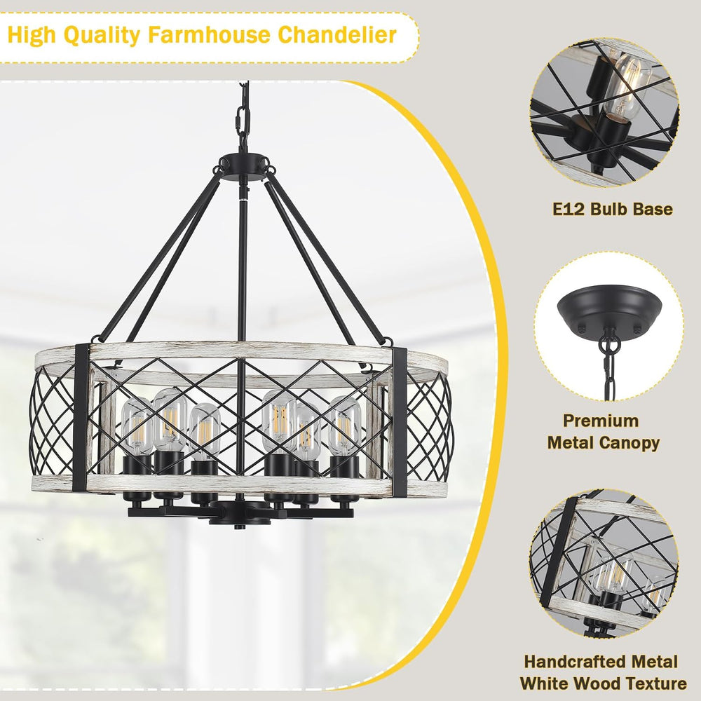 21.6” White Farmhouse Chandelier, 6-Light Wood Grain Finish Chandelier