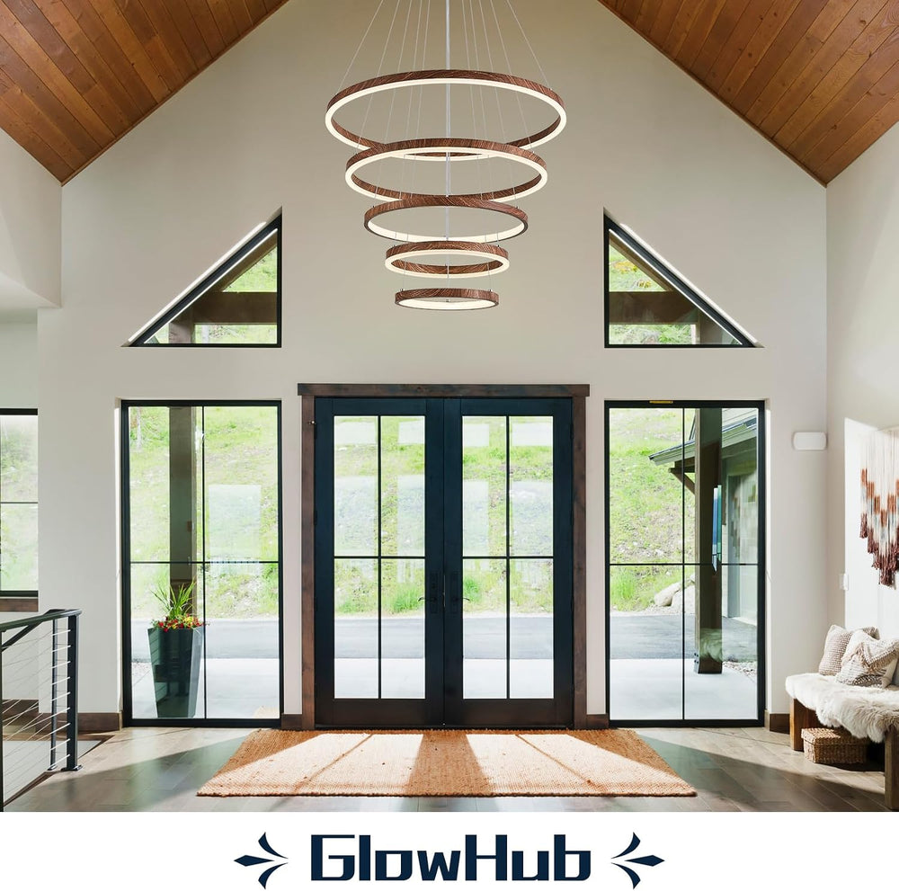 GlowHub Modern LED Chandelier 5 Rings Farmhouse Wood Grain Finish Round Chand...