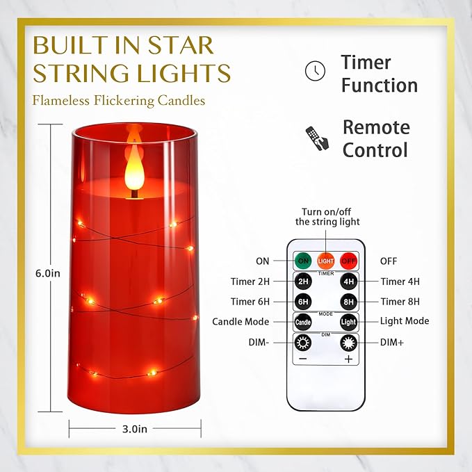 NURADA Flickering Flameless Candles: Built-in Star String Lights Battery Oper...