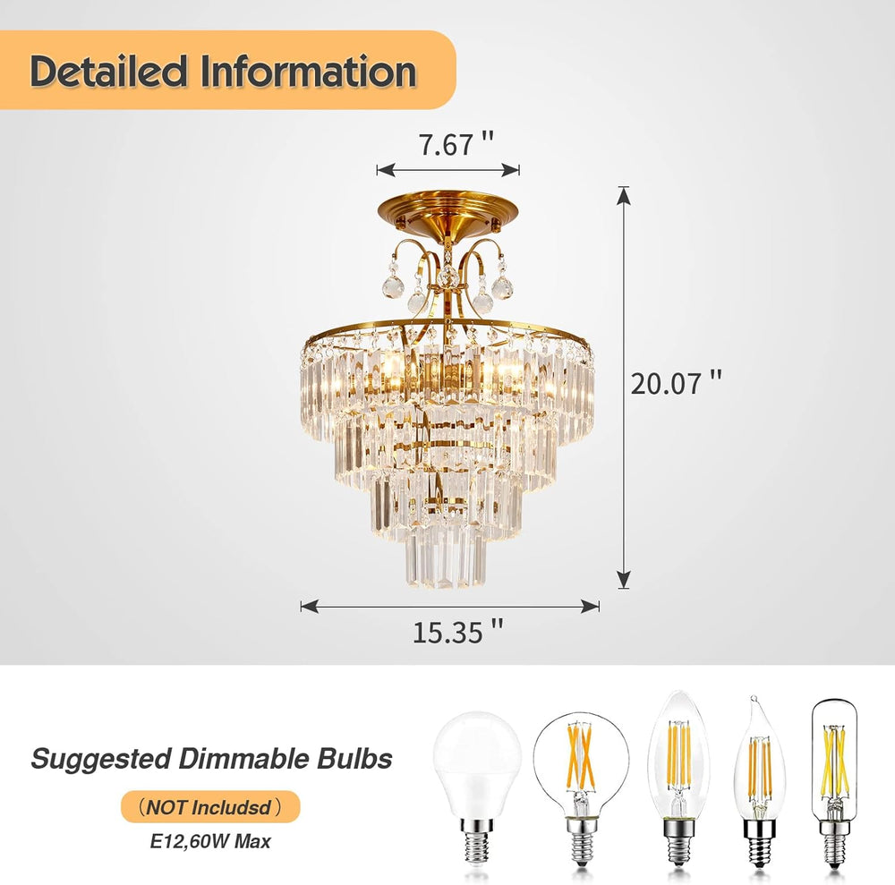CVKASH 5 -Lights Crystal Gold Chandelier Fixture Modern Semi Flush Mount Ceil...