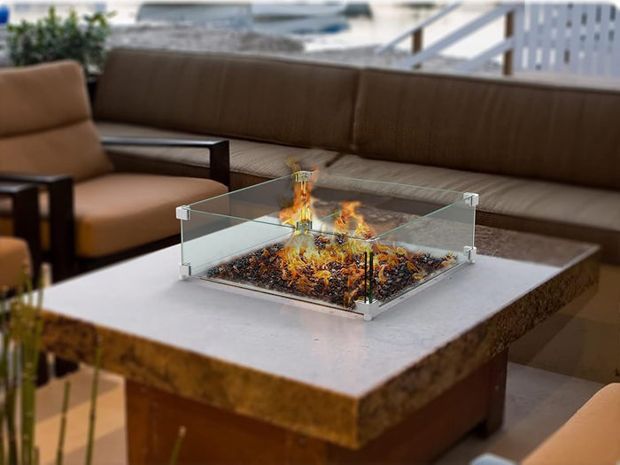 20"x20"x6" Square Fire Pit Wind Guard, Guard for 28-32 inch Fire Pit Table, 5/16 Inch Thickness Clear Tempered Glass
