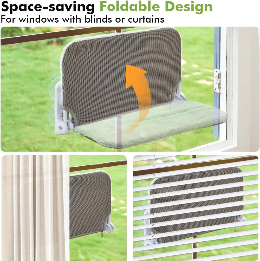 Zoratoo 2PC Cat Window Perch, Foldable & Cordless with Metal Frame, M Gray