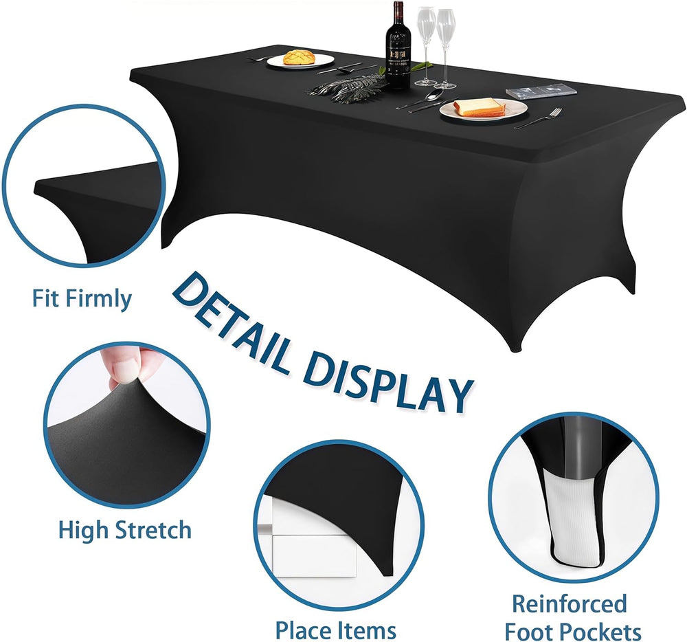 6FT Black Table Cloth - 6 Pack Fitted Stretch Rectangle Spandex Tablecloth, W...