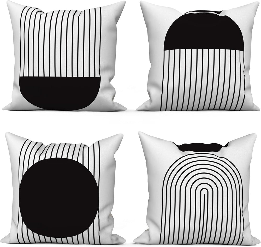 Black White Throw Pillow Cases 22x22 Set of 4 Geometric Abstract Striped Pill...