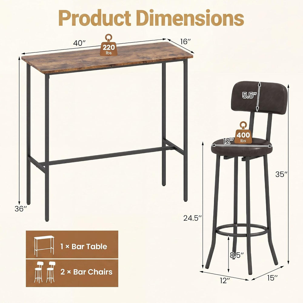 GIANTEX 3-Piece Bar Table and Chairs Set, Counter Height Pub Table and 2 Upho...
