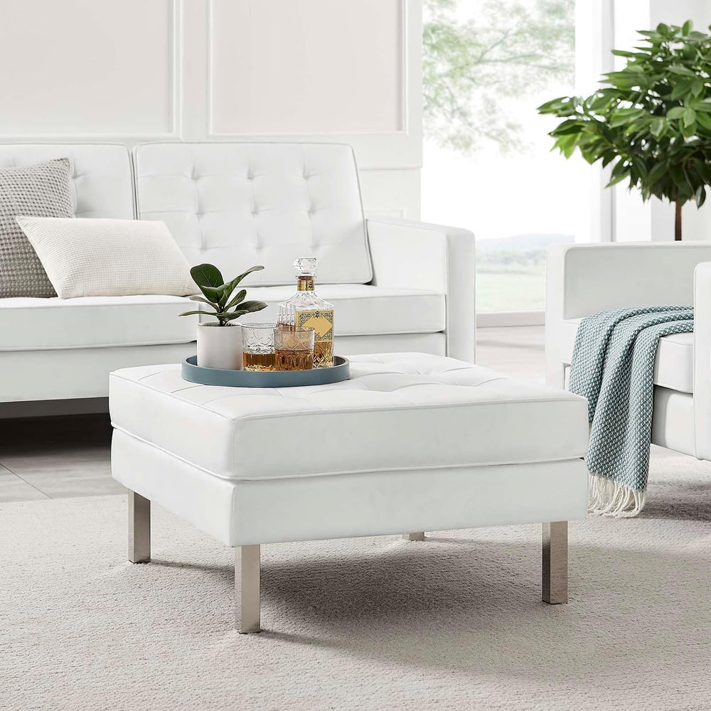 Modway Loft Tufted Button Faux Leather Upholstered Square Ottoman in Silver W...