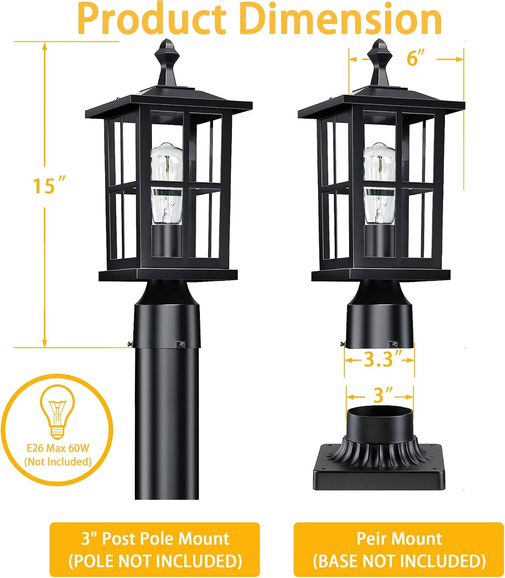 Outdoor Post Lights 2-Pack, 15" Medium Size, Matte Black