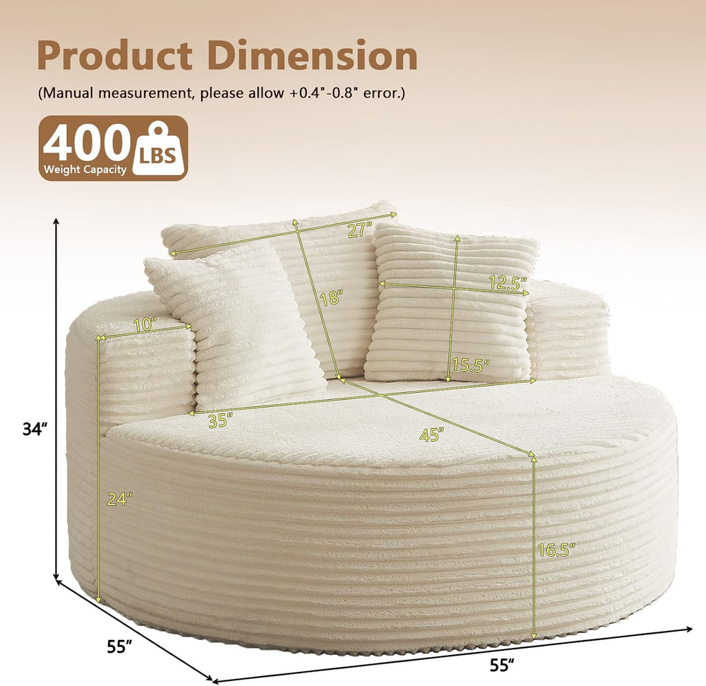 Oversized Round Chair Lounge Chaise Indoor, Upholstered Corduroy Deep Seat Cl...