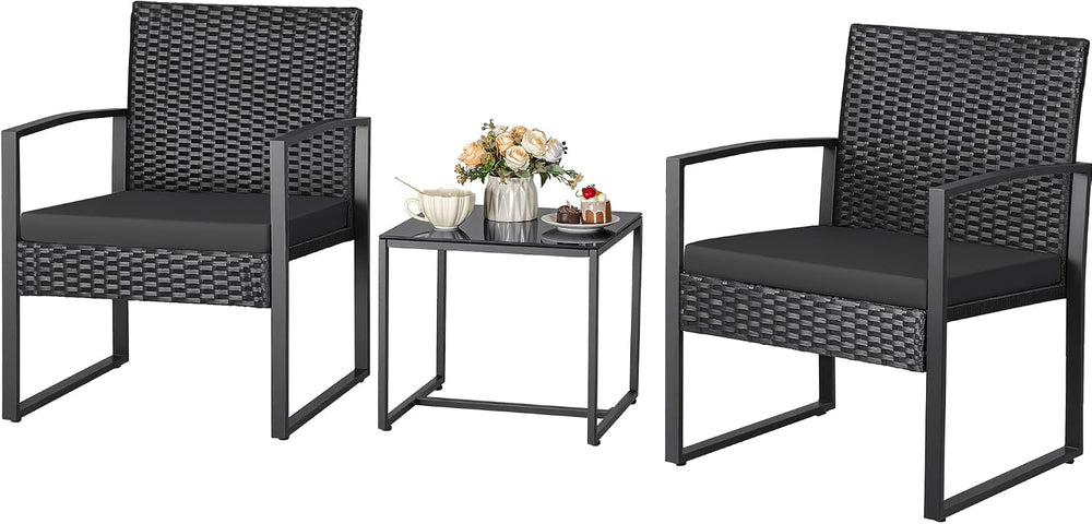 Greesum 3 Piece Wicker Conversation Bistro Sets Outdoor Patio Set(Black)