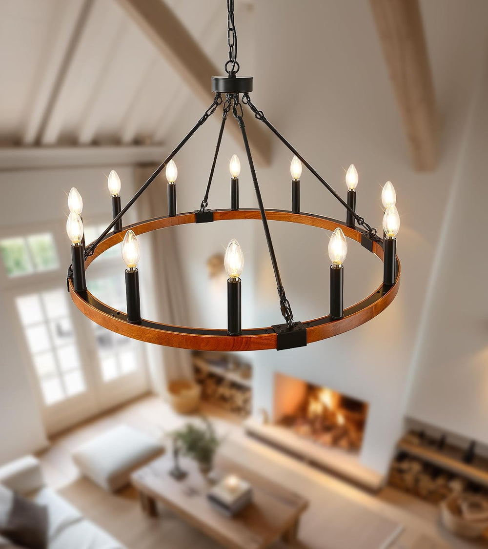 HHR 32" Wood Wagon Wheel Chandelier 12-Light Round Farmhouse Chandelier