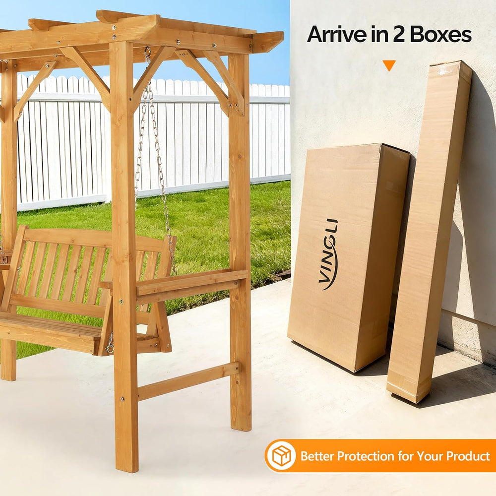 VINGLI 4 FT Wooden Porch Swing with Archway Stand, Outdoor Patio Swing