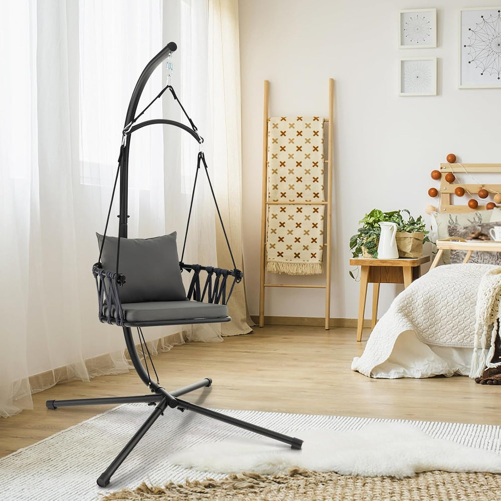 Tangkula Folding Swing Chair with Stand, Hanging Egg Chair with Cushion, Pill...