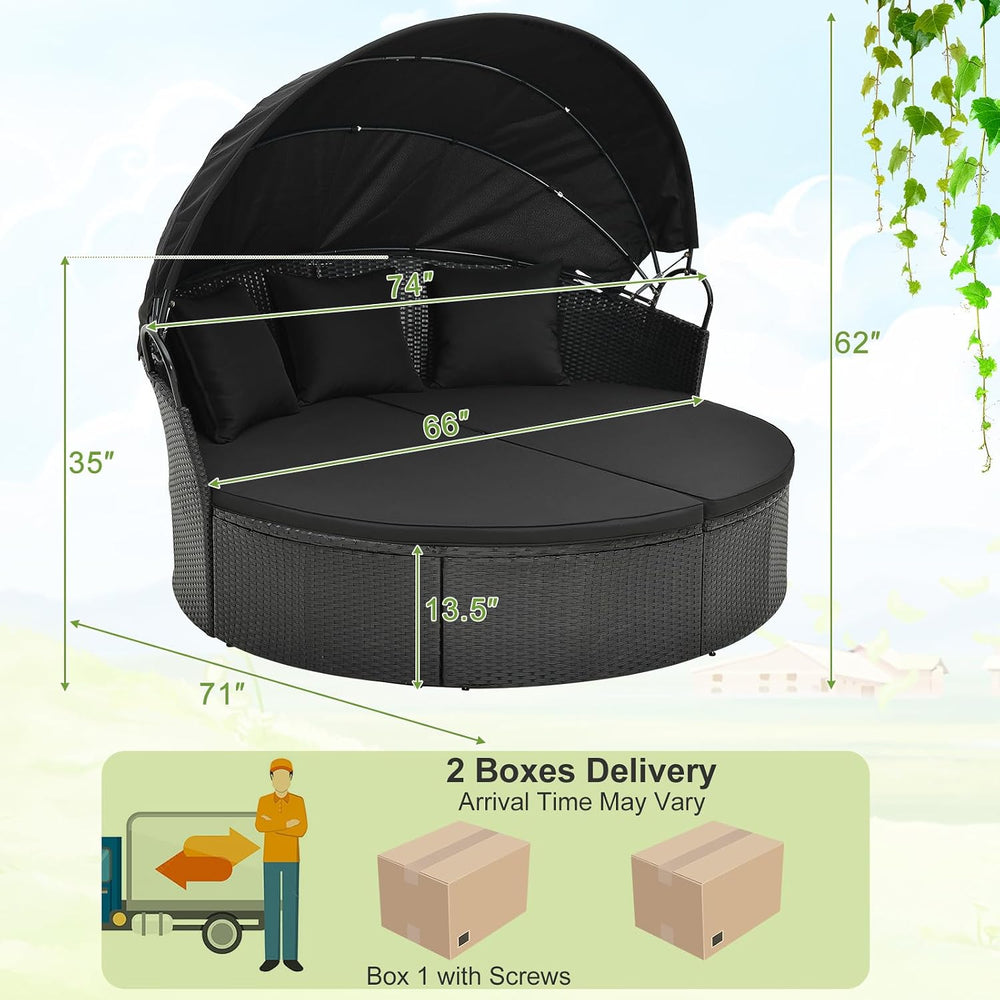 Tangkula Outdoor Patio Round Daybed with Retractable Canopy, Black Rattan Wic...
