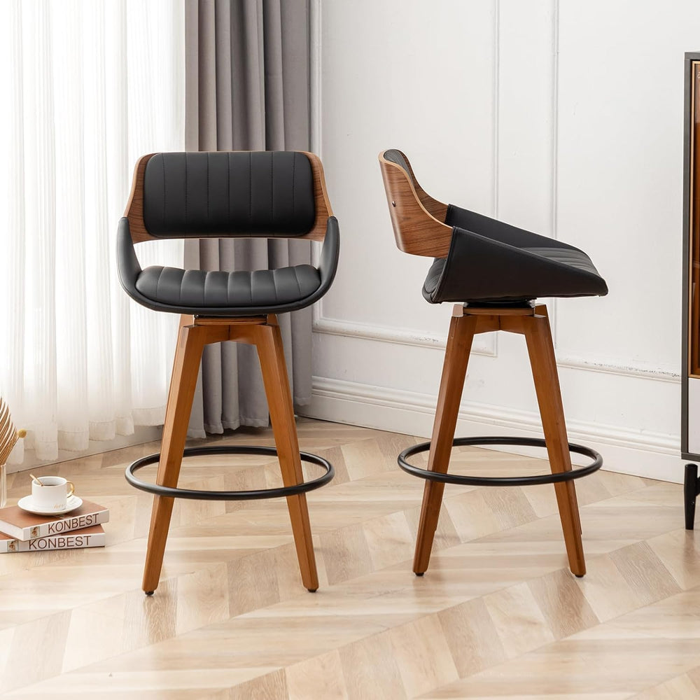 LUNLING Swivel Bar Stools,Mid Century Modern Black Faux Leather Upholstered C...