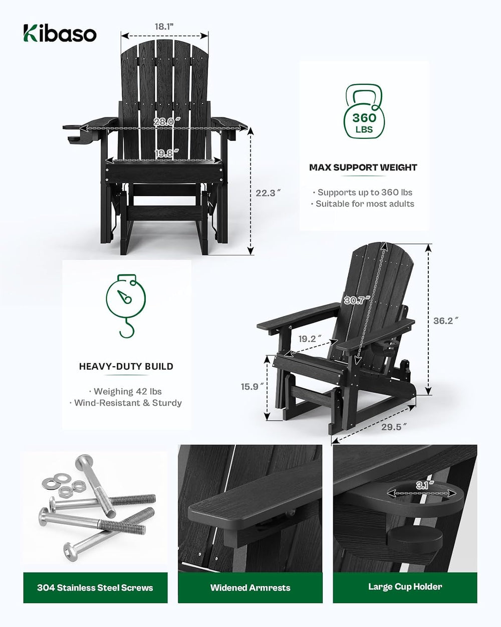 Adirondack Chair, All-Weather Outdoor Glider, Black