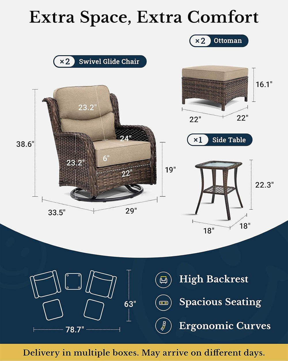 HILLGA 5-Piece Luxury Patio Furniture Set with 6" Thick Cushions, Weathe...