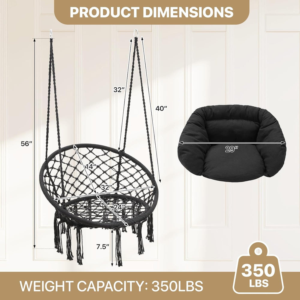 Monibloom Hanging Hammock Chair with Cushion, Macrame Swing Chair, Black