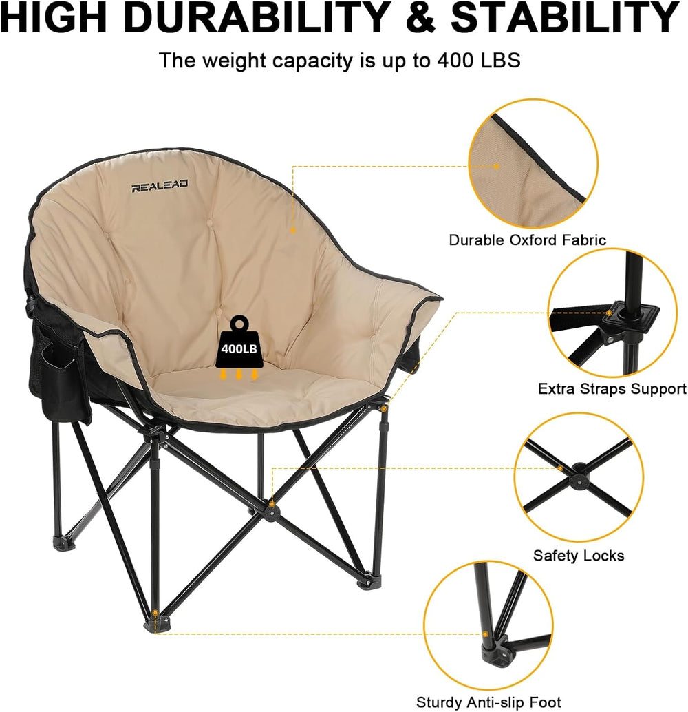 REALEAD Oversized Camping Chairs Padded Heavy Duty Folding Support 400LBS