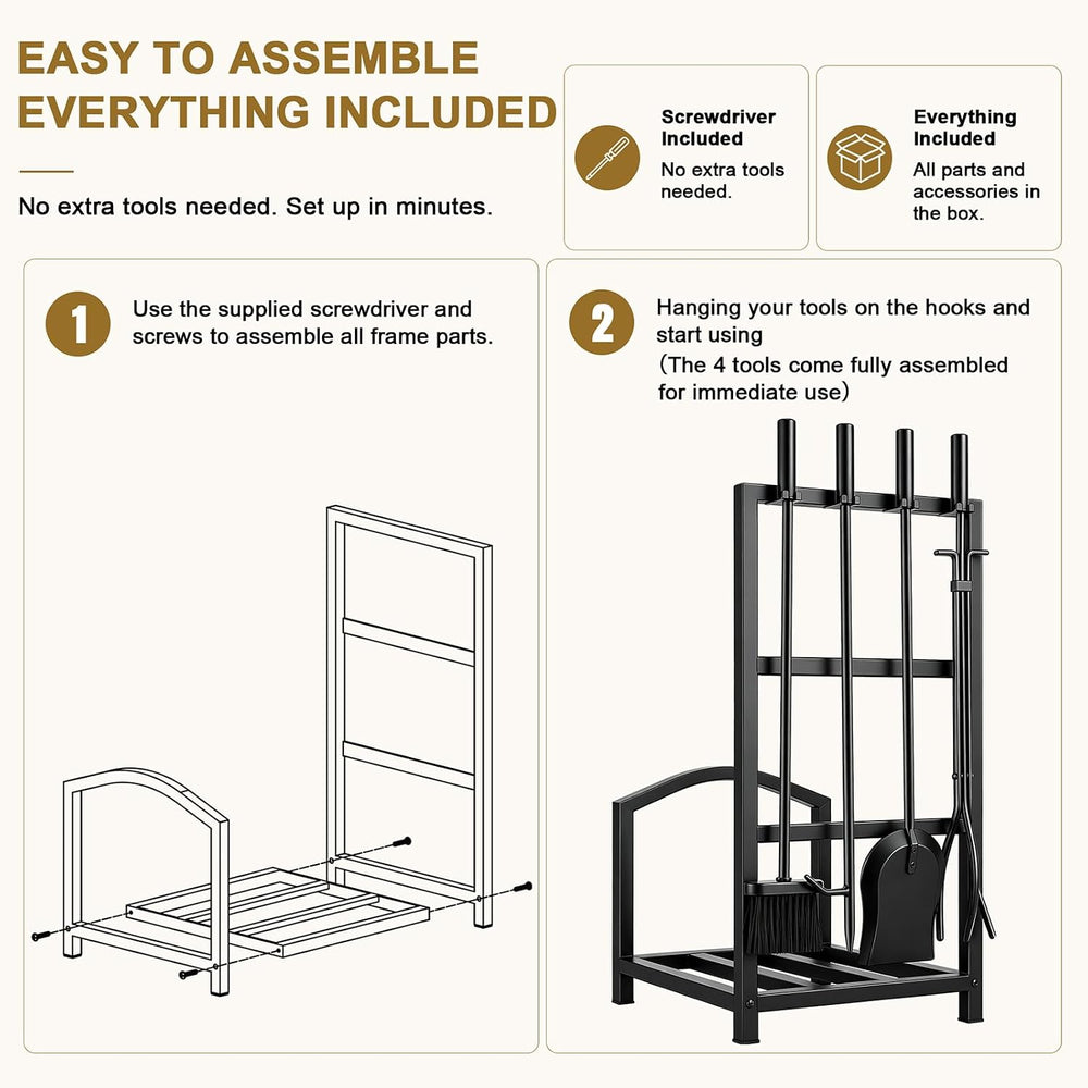 Gtongoko Fireplace Tools Set with Log Rack Holder, Heavy-Duty Steel Frame