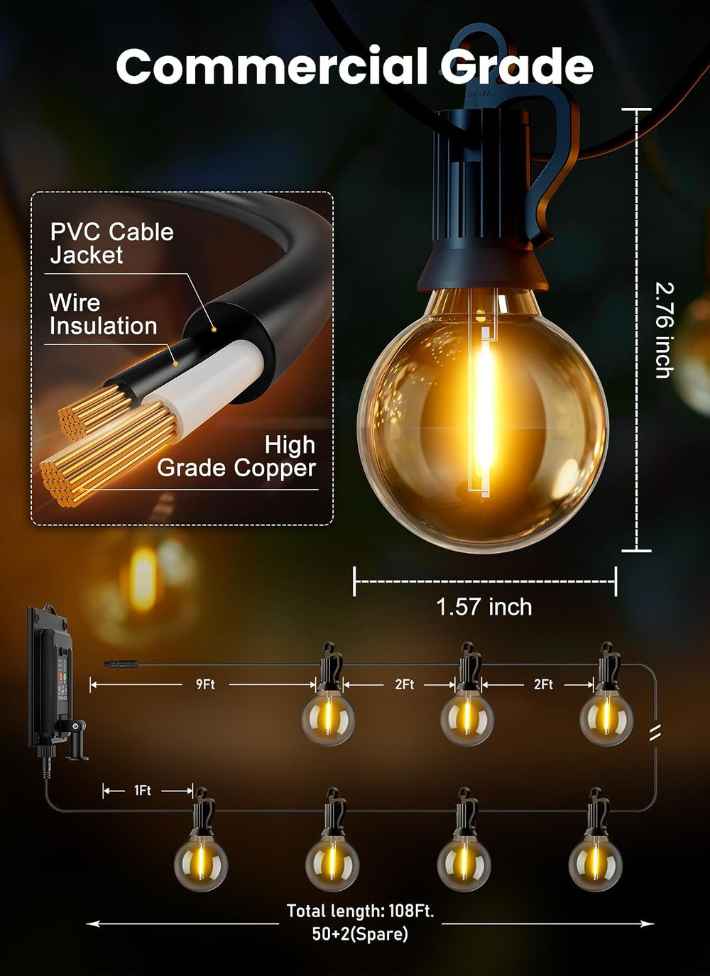Brightown 108FT 52LED Solar String Lights Outdoor with Remote & USB Port