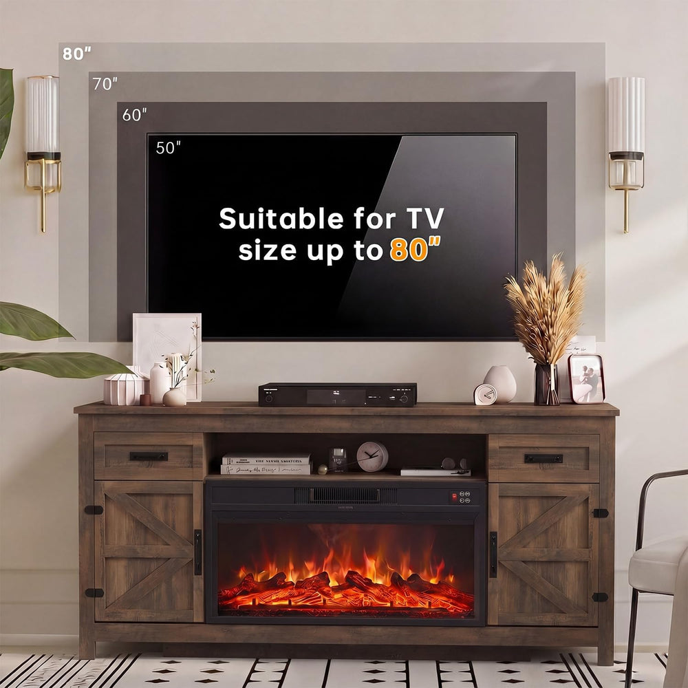 Fireplace TV Stand, 70" Farmhouse TV Stand with Barn Door for 80" T...