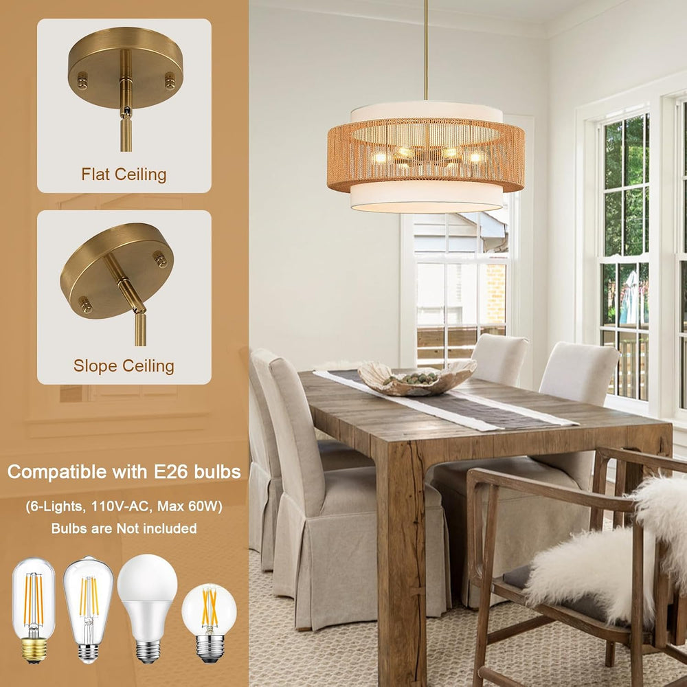 25.6" Rattan Chandelier for Dining Room, 6-Light Boho Pendant Light