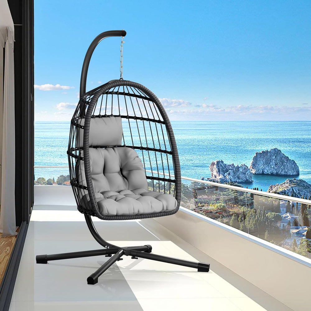 CHABATREE Egg Chair with Stand,Patio Rattan Wicker Hanging Swing Egg Chair Ha...