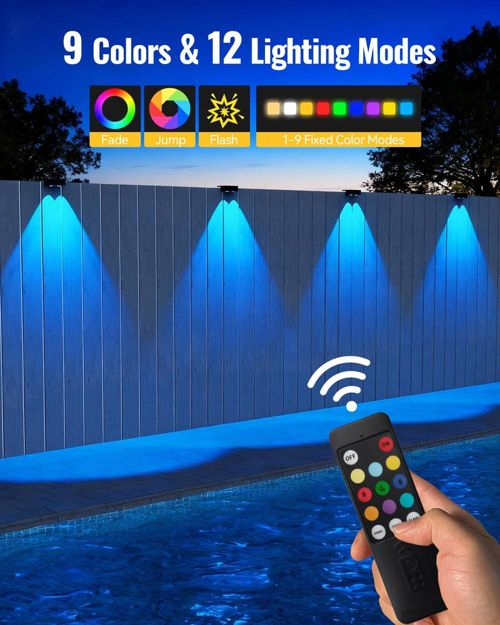 Solar Fence Lights Outdoor with Remote 8 Pack, Warm/Cool White & RGB 12 M...