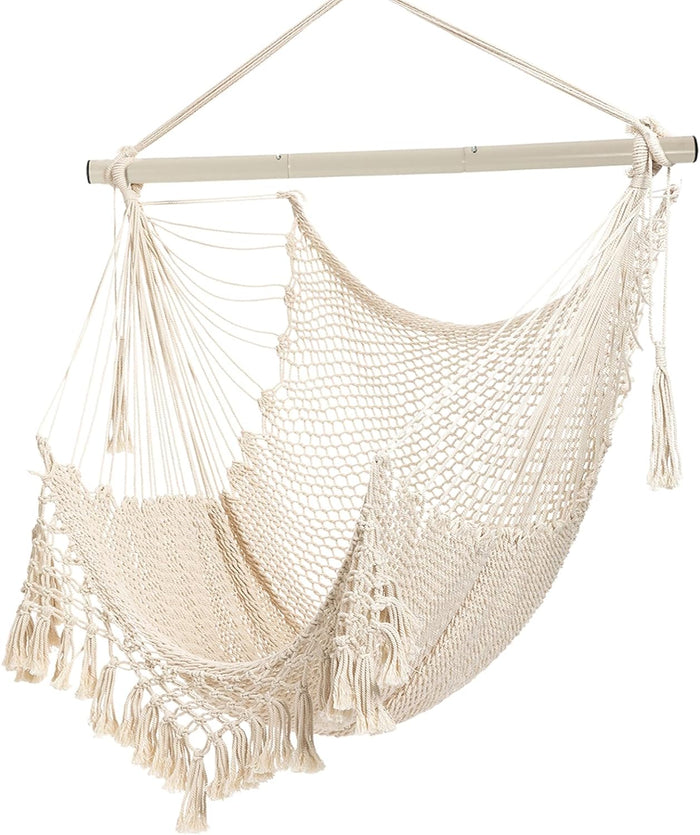 Hammock Chair,Max 330lbs, Large Hanging Chair, Soft Cotton Rope Swing Chair with High Load-Bearing Metal Rod,Indoor Outdoor Garden Yard Living Room Use Beige