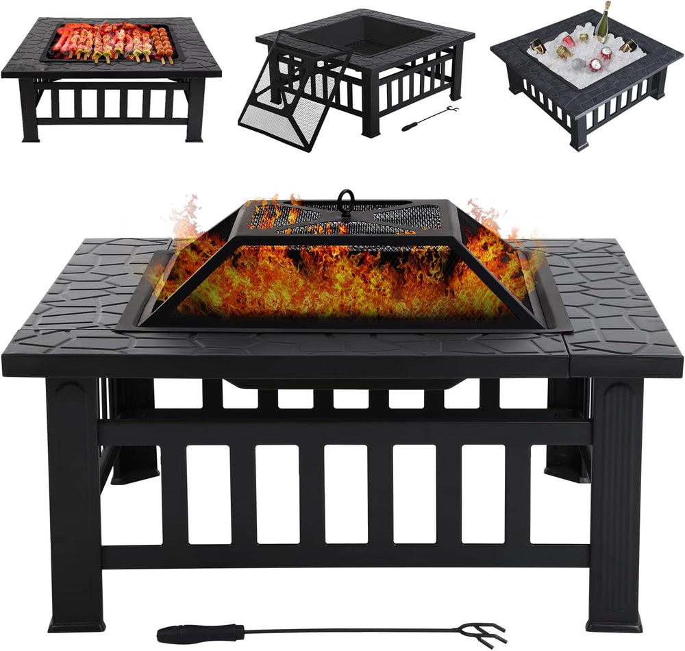 Fire Pit Table, Outdoor Fireplace Firepit Camping Accessories 32 in Square Sm...