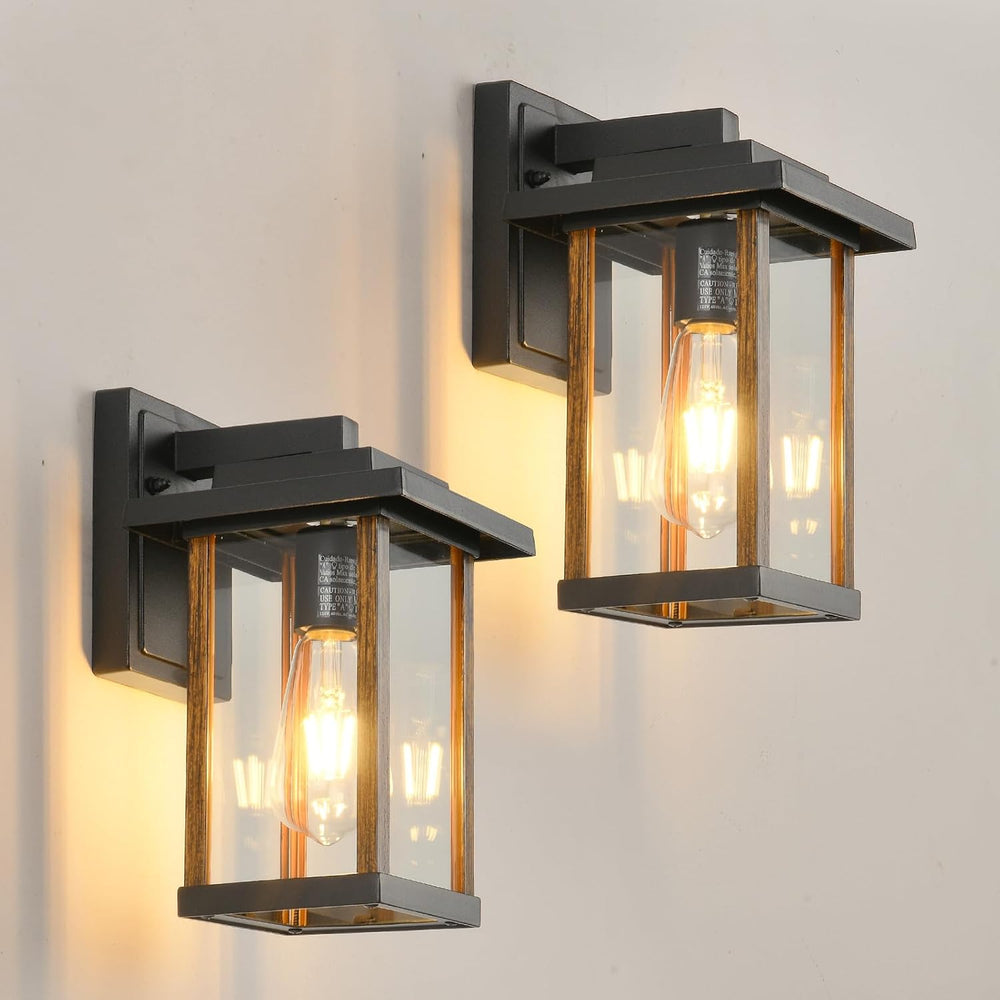 2 Pack Outdoor Wall Sconce Outside Porch Light in Wood Grain & Black