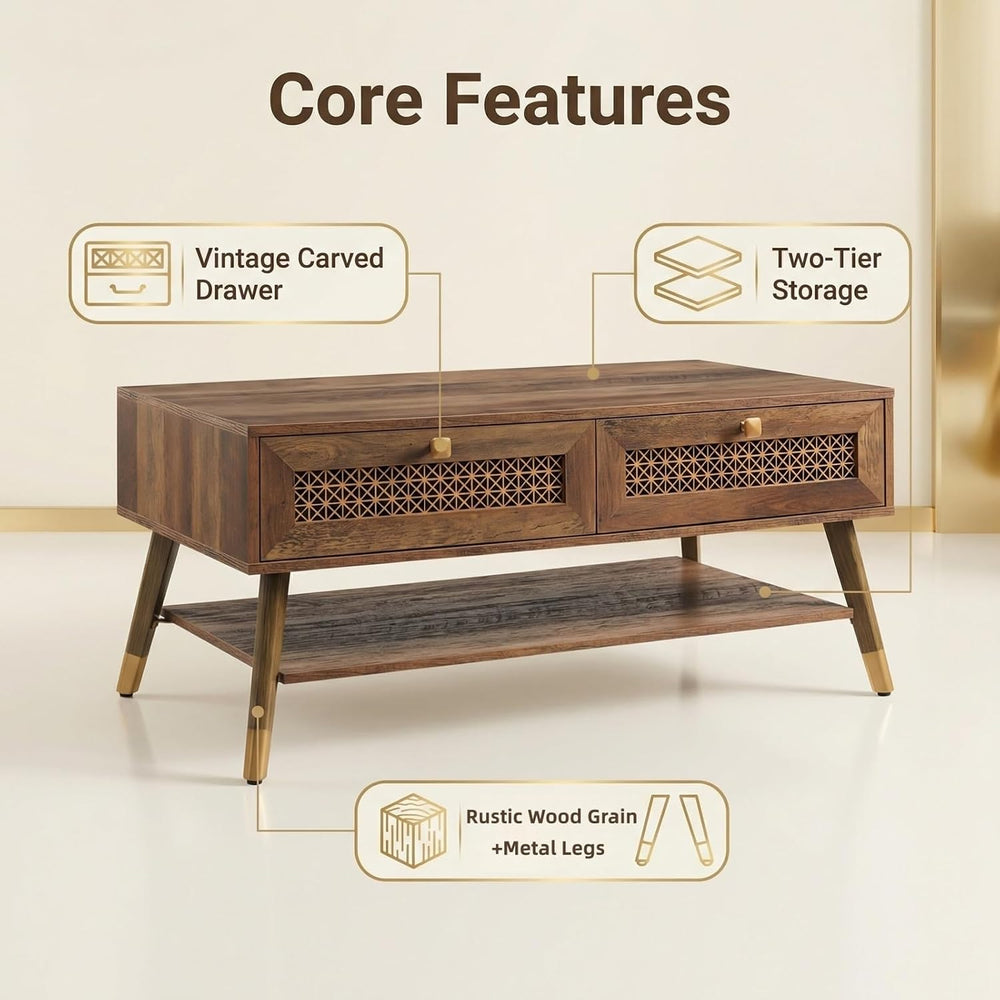 Wooden Mid Century Modern Coffee Table, Retangle Coffee Table with Two Drawer...