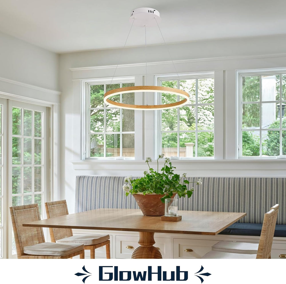 Ring Chandelier LED Wood Grain Round Chandeliers Modern Farmhouse Pendant Lig...