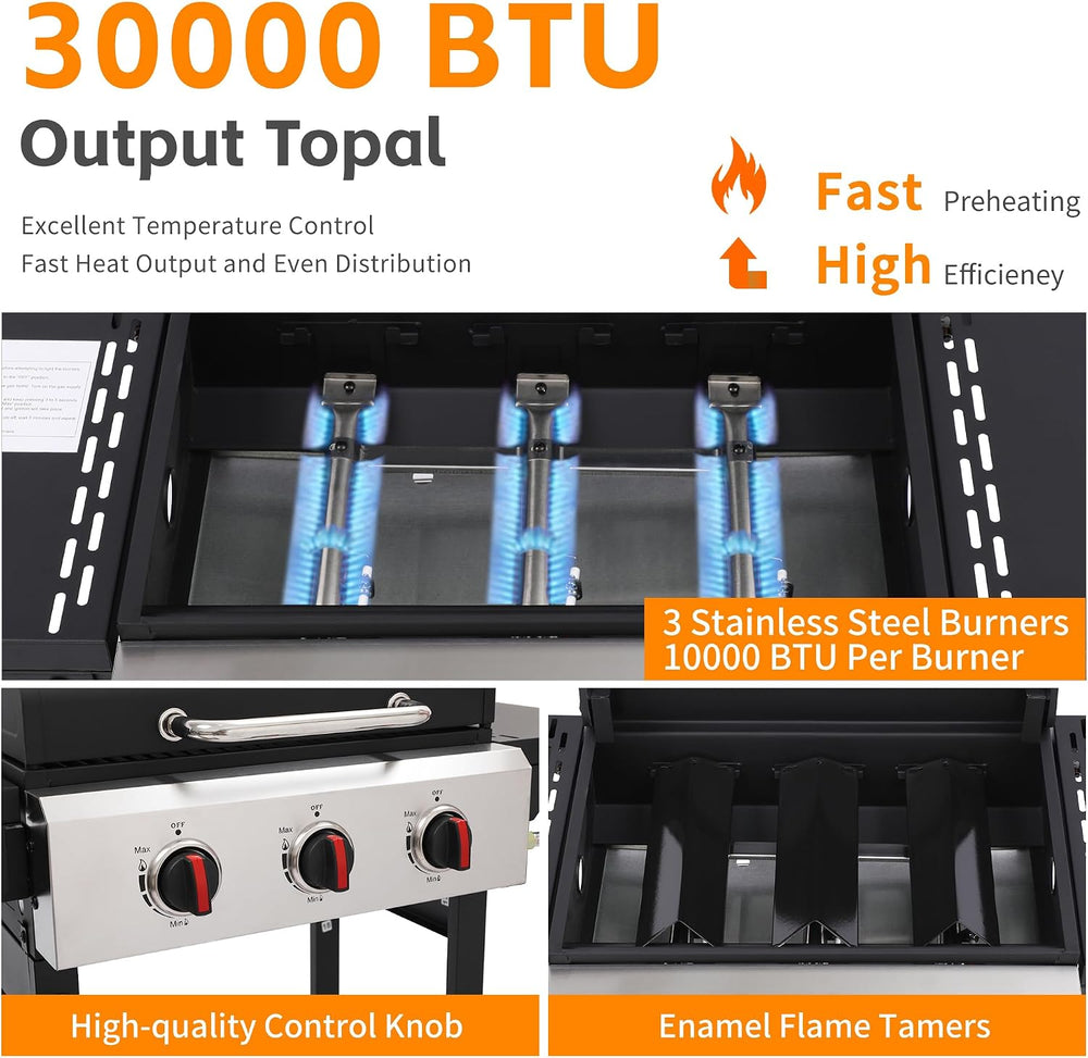 3-Burner Propane Gas Grill with Cast Iron Grate - 30000 BTU Output & Easy...