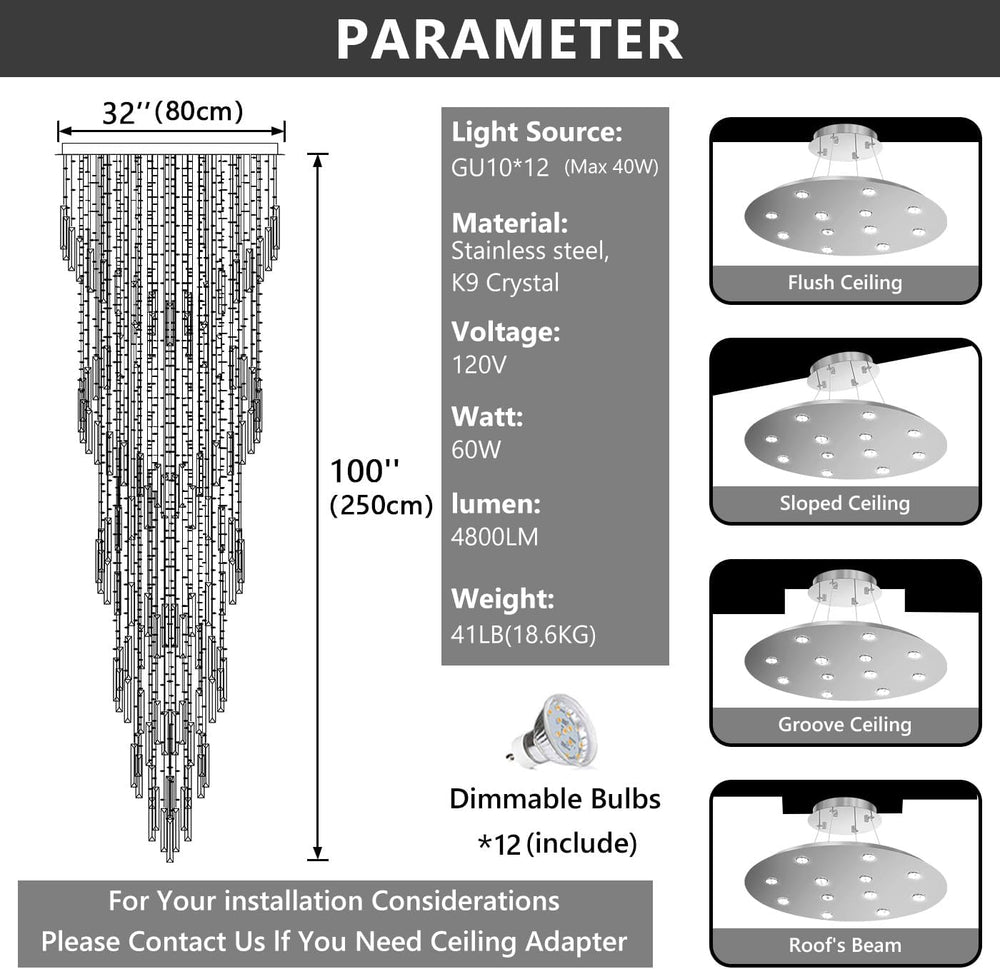 D32'' x H100'' Modern Crystal Chandelier High Ceiling Chandel...